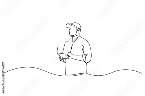 Continuous one line drawing of Drone pilot. Single line drawing illustration of Controls a drone with a remote control. Modern technology concept vector art. Doodle line illustration.