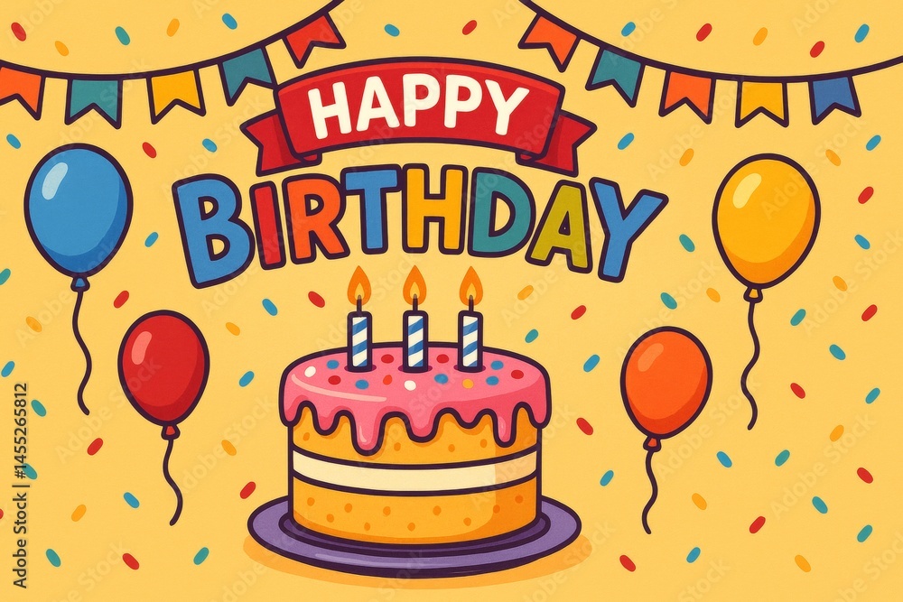 Colorful balloons float around a delicious birthday cake with lit candles, adorned with a happy birthday banner and confetti, creating a festive celebration atmosphere