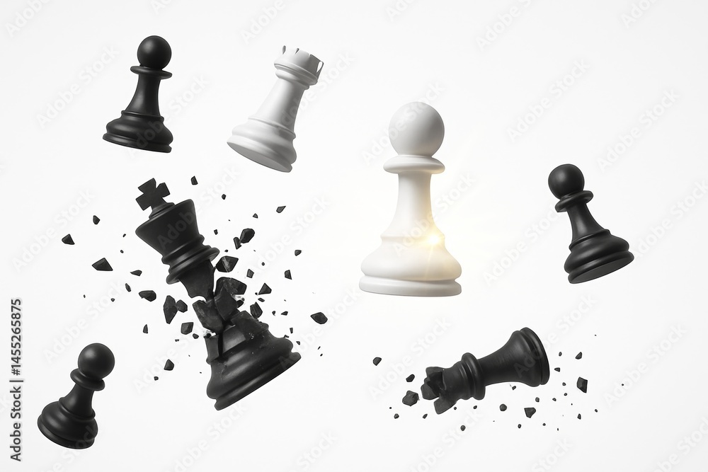 White chess pawn winning against broken black chess king with other pieces falling on white background representing business competition, strategy and challenge