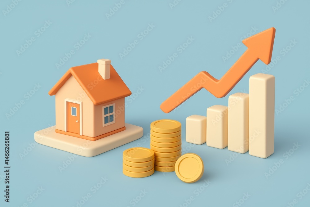 Coins stacked next to a miniature house, an upward trending graph, and an arrow pointing up symbolize increasing house prices, real estate market growth, and investment opportunities