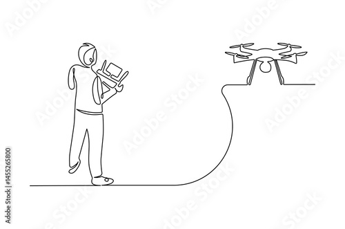 Continuous one line drawing of Controls drone with a remote control. Single line drawing illustration of Flying drone. Technology concept vector art. Doodle line illustration.