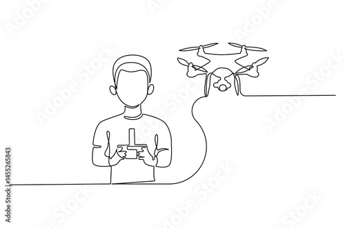 Continuous one line drawing of Controls drone with a remote control. Single line drawing illustration of Flying drone. Technology concept vector art. Doodle line illustration.