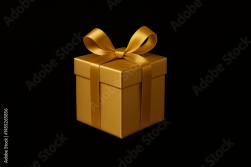 Obraz na płótnie Luxurious golden gift box wrapped with a matching ribbon, creating an elegant and festive presentation on a black background, perfect for celebrating special occasions w salonie