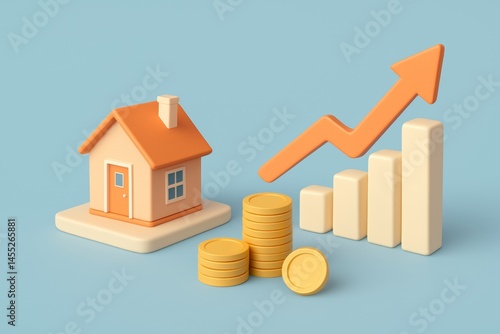 Obraz na płótnie Coins stacked next to a miniature house, an upward trending graph, and an arrow pointing up symbolize increasing house prices, real estate market growth, and investment opportunities w salonie