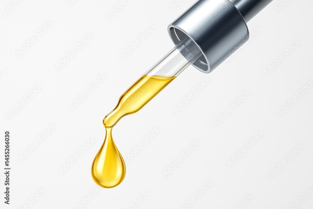 Glass pipette with metal dropper dripping oil serum on a white background, creating a perfect drop reflecting light, ideal for beauty, healthcare, and wellness projects