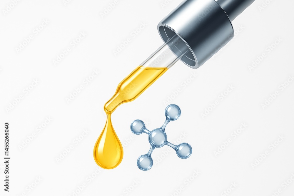 Pipette delivering golden yellow serum in a clean, elegant setting, emphasizing innovative cosmetic product development through molecular science and biotechnology