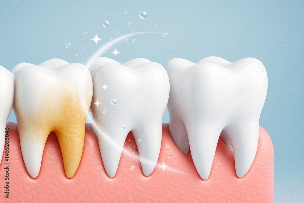 Whitening toothpaste is cleaning yellow teeth and making them healthy and white, showing the concept of dental care for healthy gums and enamel
