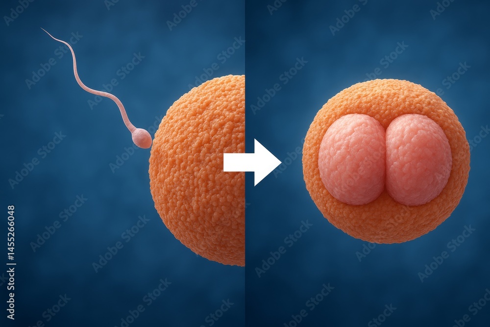 Microscopic view of sperm fertilizing egg cell and arrow pointing to zygote starting first cell division, depicting the beginning of new life