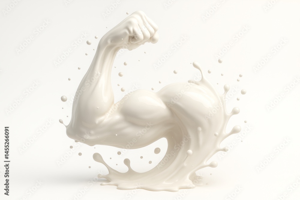 Muscular arm made of milk flexing its biceps, symbolizing the strength and health benefits associated with dairy consumption, splashes on a clean white background