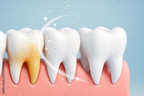 Obraz na płótnie Whitening toothpaste is cleaning yellow teeth and making them healthy and white, showing the concept of dental care for healthy gums and enamel w salonie