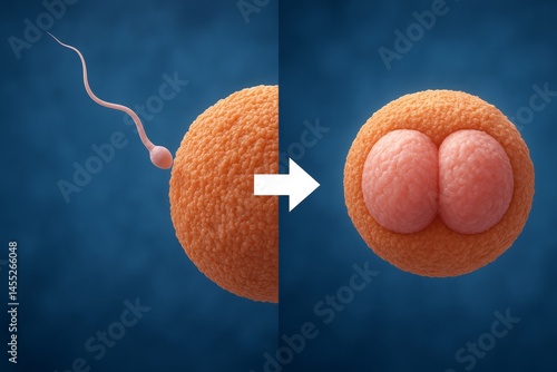 Obraz na płótnie Microscopic view of sperm fertilizing egg cell and arrow pointing to zygote starting first cell division, depicting the beginning of new life w salonie