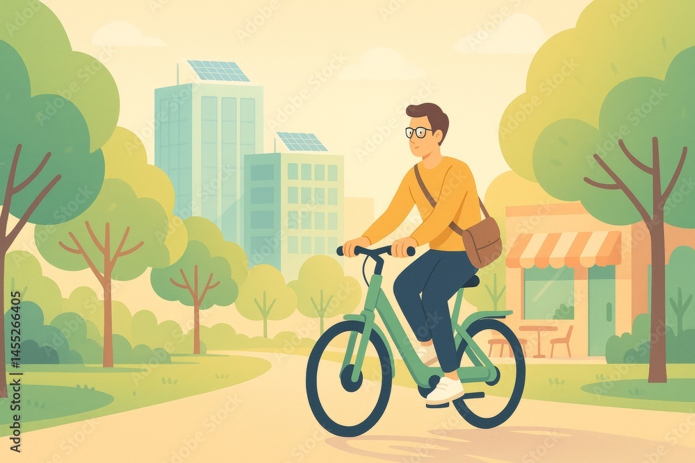 Young man riding an electric bicycle through a lush city park, highlighting sustainable transportation amid modern buildings with solar panels and promoting an eco-friendly lifestyle