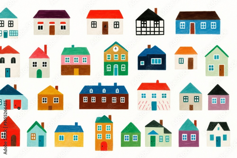 Cheerful illustration showcasing a collection of colorful houses, symbolizing a diverse and lively neighborhood, provides a whimsical depiction of urban or suburban life