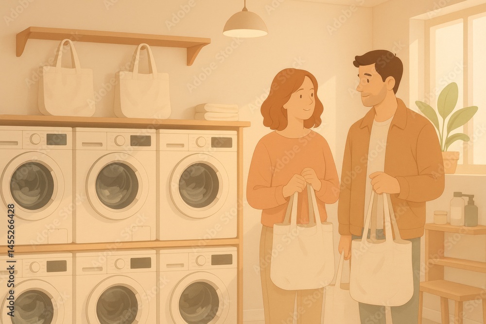 Young couple holding reusable tote bags waiting for their laundry to finish at a self-service laundromat, promoting sustainable practices and eco-conscious living