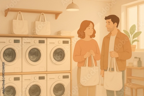 Obraz na płótnie Young couple holding reusable tote bags waiting for their laundry to finish at a self-service laundromat, promoting sustainable practices and eco-conscious living w salonie