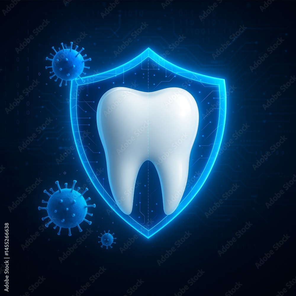 Glowing shield protects a healthy white tooth from harmful bacteria and viruses, symbolizing dental hygiene and protection against oral diseases