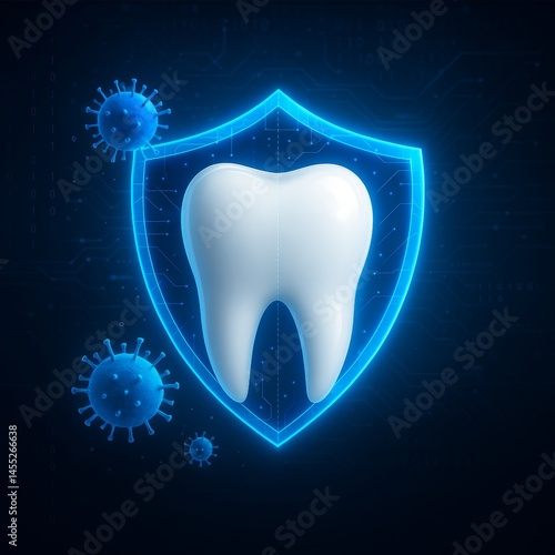 Obraz na płótnie Glowing shield protects a healthy white tooth from harmful bacteria and viruses, symbolizing dental hygiene and protection against oral diseases w salonie