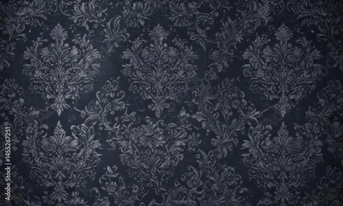 Deep midnight blue gothic damask Subtle silver highlights, rich textures , illustration, scroll, intricate