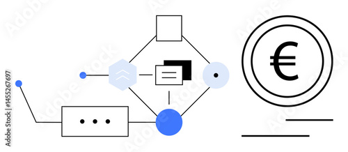 Abstract network with interconnected nodes, data structures, and Euro currency circle. Ideal for payment systems, finance, technology, blockchain, investments, money transfer flat simple metaphor