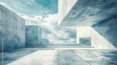 Modern abstract architecture with realistic 4K rende displaying concrete geometric shapes against a bright sky in a surreal 3D architectural background.