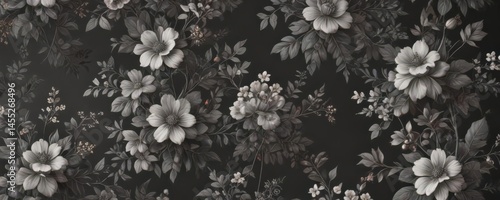 Elegant charcoal floral wallpaper, vintage-inspired Tiny blossoms & leafy details , art, print
