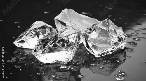 Clear ice cubes on dark surface