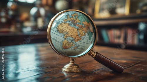 Globe magnified by magnifying glass on wooden table