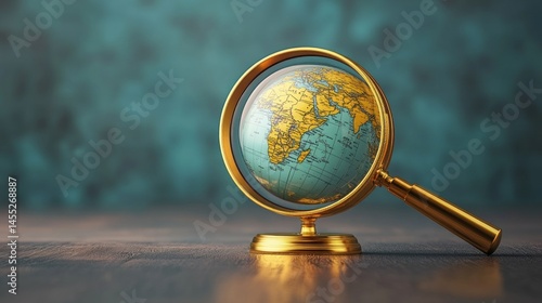 Globe magnified by golden magnifying glass