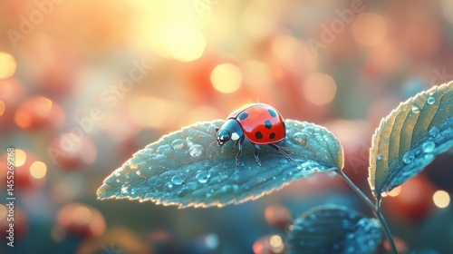 Ladybug on dew-kissed leaf at sunrise