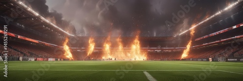 Enveloping flames engulf outdoor football arena  ,  heat,  stadium