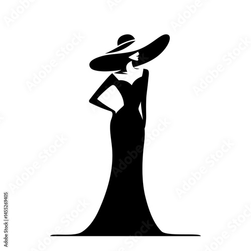 Elegancka sylwetka kobiety w kapeluszu z szerokim rondem i w sukni wieczorowej. Czarno-biała minimalistyczna ilustracja w stylu glamour. Symbol mody i luksusu.