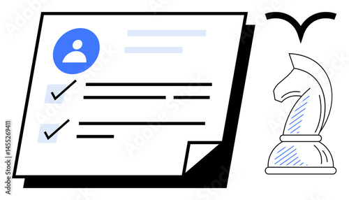 Document with profile icon, checklist, and knight chess piece suggests strategy, planning, and productivity. Ideal for management, organization, decision-making goal-setting leadership focus. Flat