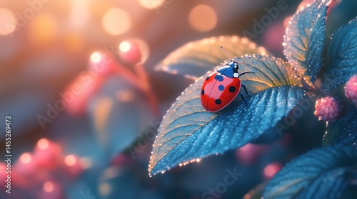 Ladybug on dewy leaf, vibrant sunrise