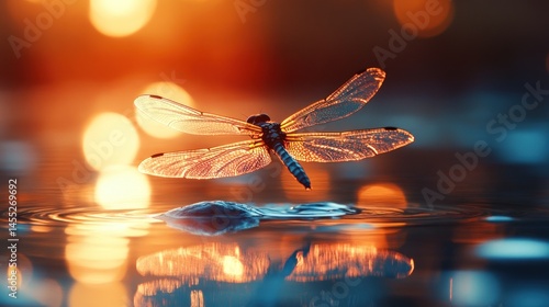 Dragonfly poised above water, vibrant sunset hues