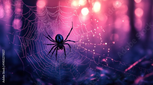 Spider in vibrant web at night