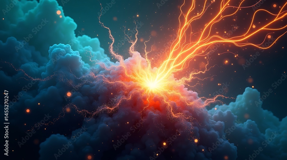 Celestial discharge: Energetic lightning strikes amidst nebula-like clouds Celestial discharge: Energetic lightning strikes amidst nebula-like clouds