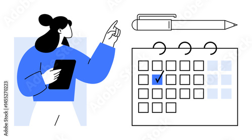 Woman holding a tablet pointing at a marked calendar with a pen above. Ideal for time management, organization, productivity, appointment scheduling, goal tracking, planning, flat simple metaphor