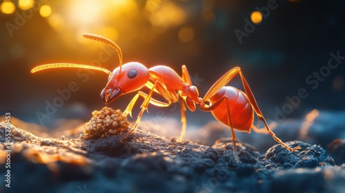 Red ant foraging in sunlight
