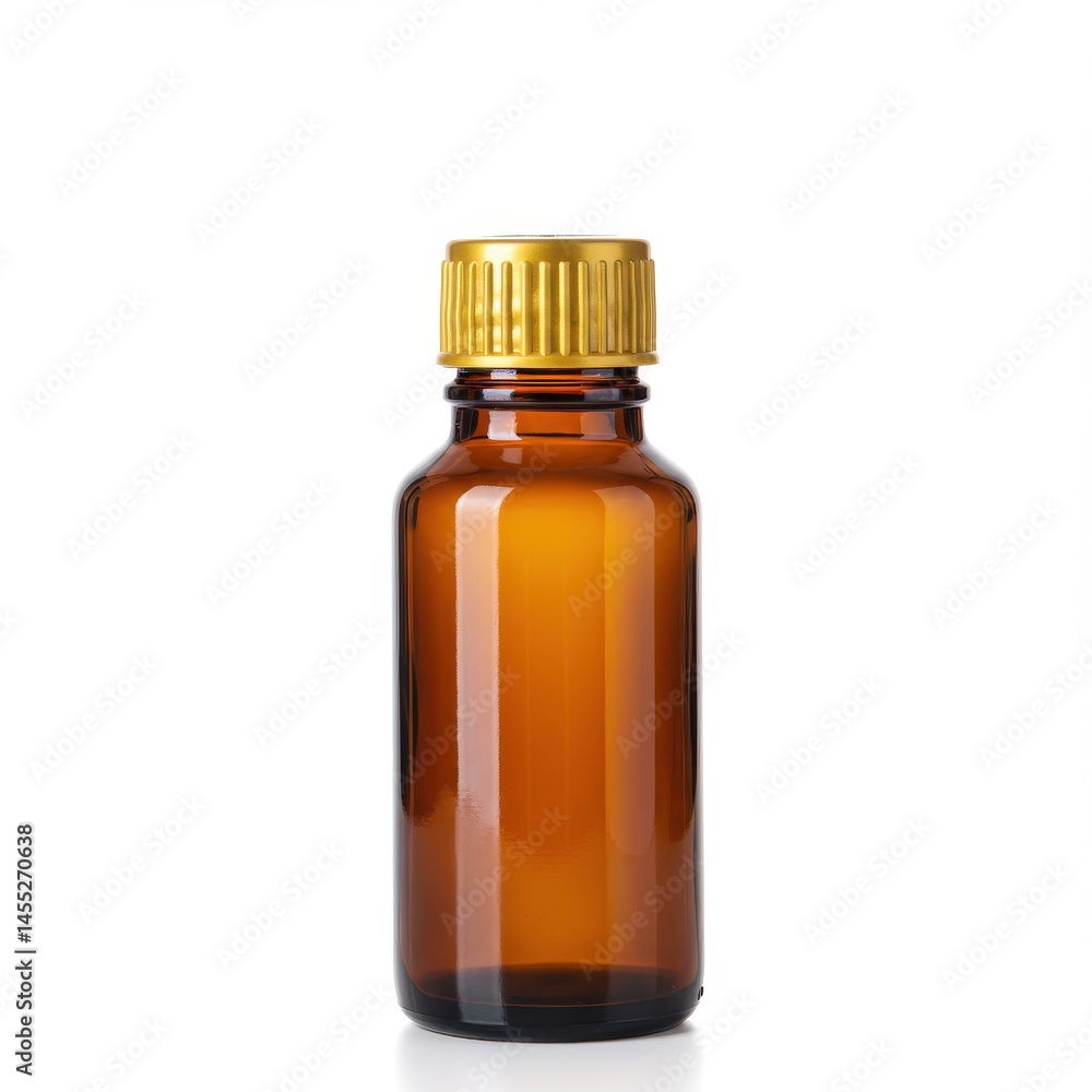 Amber bottle with gold cap isolate on white background Amber bottle with gold cap isolate on white background