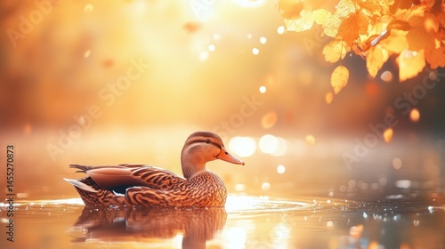 Golden duck on autumnal pond