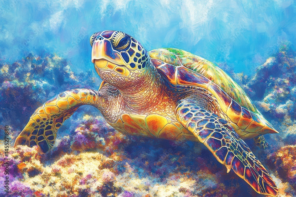 Obraz premium Colorful sea turtle swimming gracefully through a vibrant coral reef ecosystem