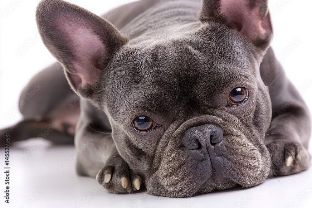 Cute French Bulldog Lying on White Surface with Relaxed Expression and Big Brown Eyes Cute French Bulldog Lying on White Surface with Relaxed Expression and Big Brown Eyes