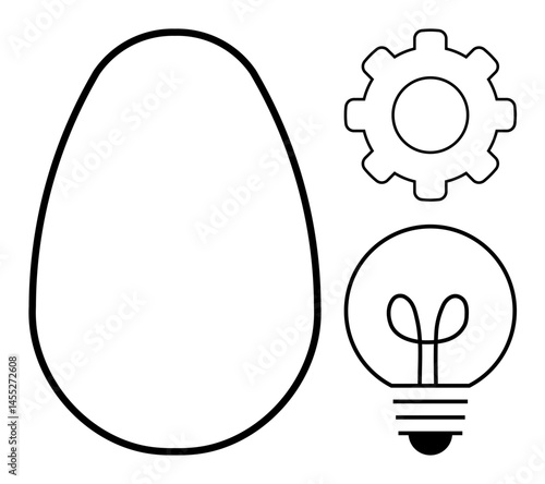 Abstract egg outline, gear symbol, light bulb for growth, innovation, potential. Ideal for creativity, technology, invention startup problem-solving incubation strategy. Flat simple metaphor