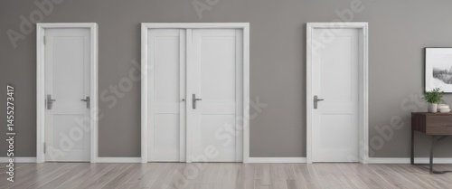 Modern white wooden interior doors, various open & closed positions, isolated , building, background