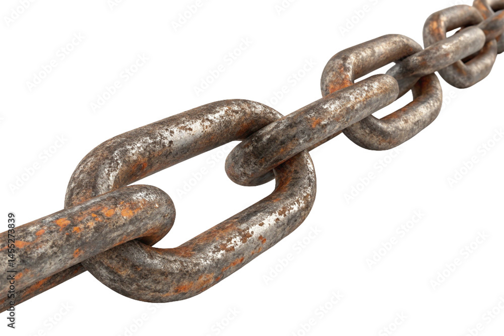 A heavy, old rusty steel chain with strong metal links, isolated on white, evokes industrial strength and connection A heavy, old rusty steel chain with strong metal links, isolated on white, evokes industrial strength and connection