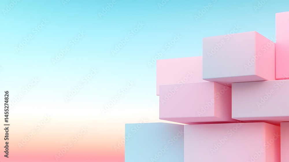 Abstract Pastel Geometric Design with Interlocking Pink and Blue Cubes