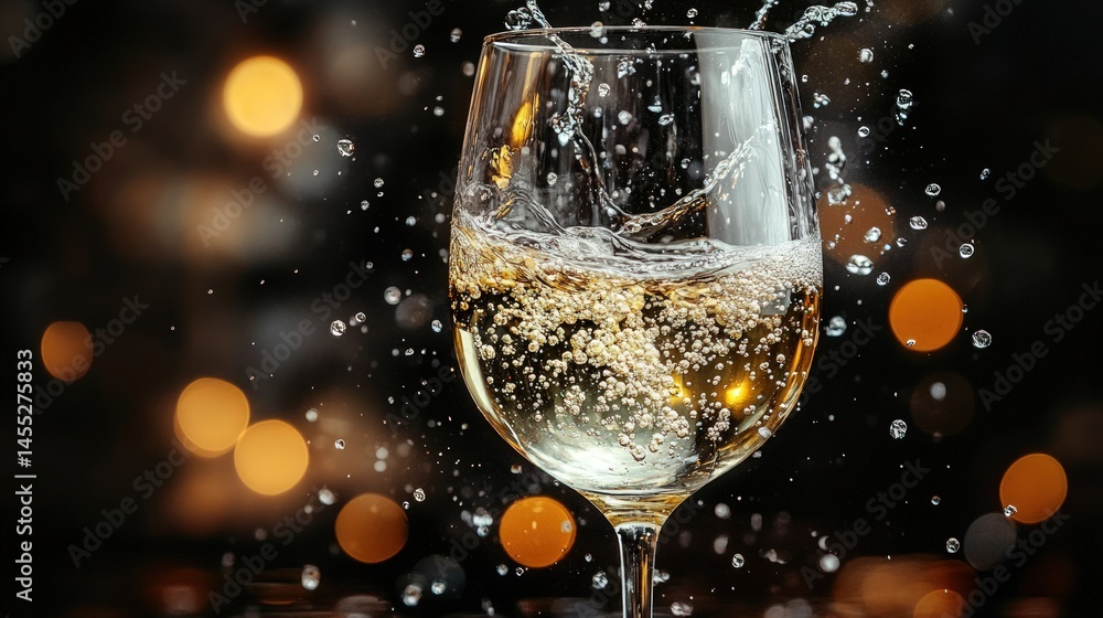 Sparkling Wine Glass Splash in Bokeh Background for Stock Photo Sparkling Wine Glass Splash in Bokeh Background for Stock Photo