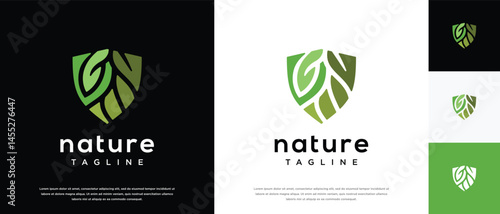 Nature security shield logo design. Shield logo design vector icon with leaves.