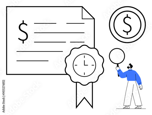 Large financial certificate with dollar signs, ribbon, and clock icon next to a person pointing upward. Ideal for finance, certification, time management, investments, economy, business credibility