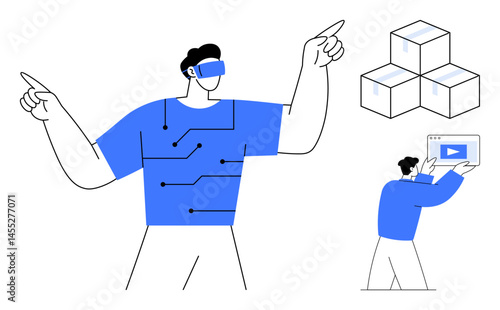 Man with VR headset and tech design points forward, stacked cube design float alongside, person holds multimedia window. Ideal for technology, VR, innovation, creativity, education, entertainment